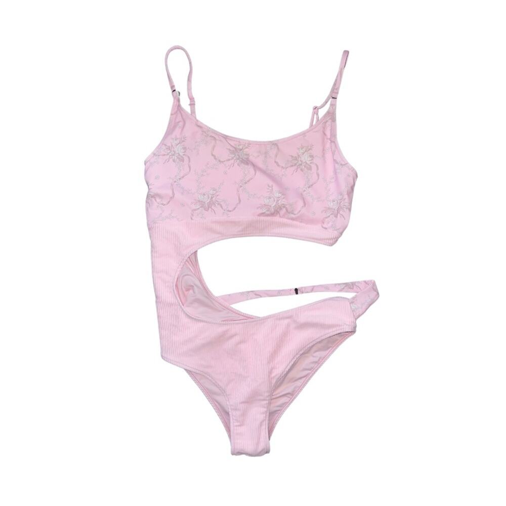 Frankie’s Bikini Thea Ribbed Cutout One Piece Swimsuit Large Vacation Beach NWT